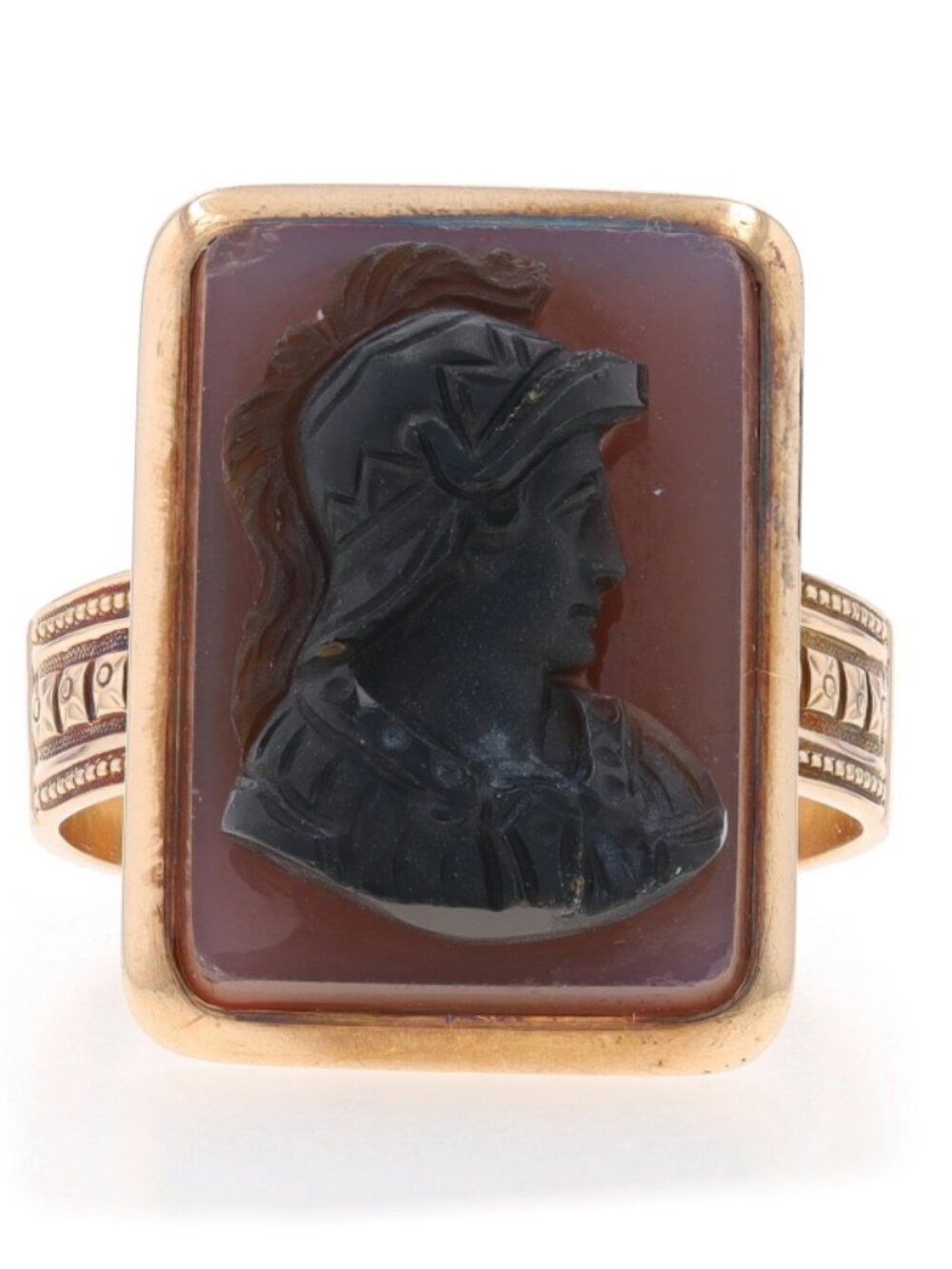 Yellow Gold Hardstone Banded Agate Victorian Men's Ring 14k Carved Cameo Warrior